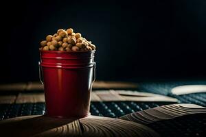 a red bucket filled with peanuts sitting on a wooden table. AI-Generated photo