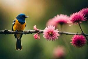 un azul y amarillo pájaro se sienta en un rama con rosado flores generado por ai foto