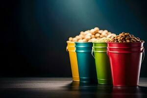 three colorful buckets with peanuts in them. AI-Generated photo