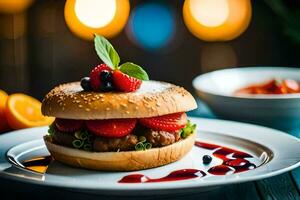 a hamburger with strawberries and a sauce on it. AI-Generated photo