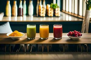 Tres diferente tipos de jugos son sentado en un mesa. generado por ai foto