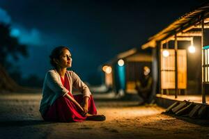 a woman sitting on the ground in front of a hut at night. AI-Generated photo