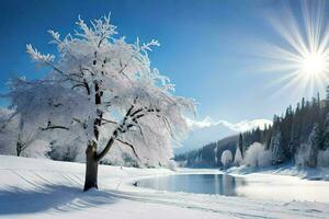 a snowy tree is shown in the sun. AI-Generated photo