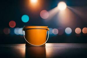 a bucket of paint on a table in front of a spotlight. AI-Generated photo