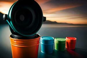 a colorful bucket with a speaker on top. AI-Generated photo