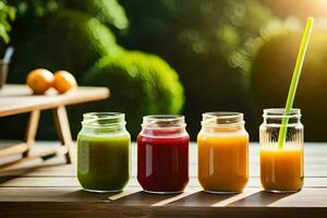 five different juices in jars on a table. AI-Generated photo