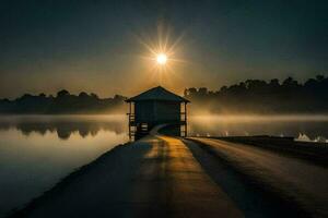 el Dom sube terminado un pequeño choza en el apuntalar de un lago. generado por ai foto