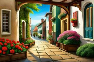 an illustration of a street with flowers and plants. AI-Generated photo