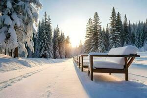 a bench is lined up in the snow with trees in the background. AI-Generated photo