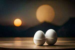 two eggs on a table in front of a sunset. AI-Generated photo