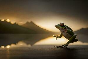 a frog is standing on the edge of a lake. AI-Generated photo