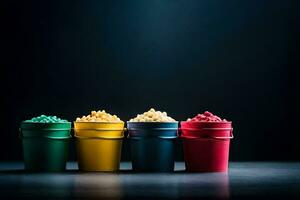 four buckets of popcorn on a dark background. AI-Generated photo