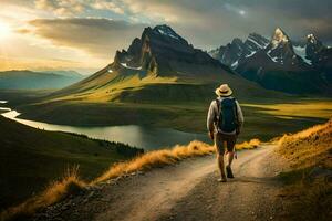 a man with a backpack walks down a dirt road in the mountains. AI-Generated photo