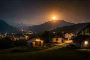 un pequeño pueblo en el montañas a noche. generado por ai foto