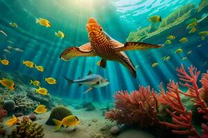 un Tortuga nadando terminado un coral arrecife con pez. generado por ai foto