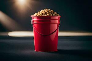 a red bucket filled with peanuts on a dark background. AI-Generated photo