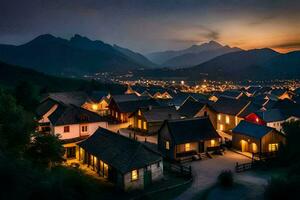 a village at dusk with mountains in the background. AI-Generated photo