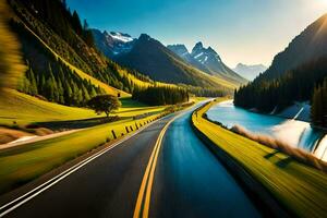a road in the mountains with a river flowing by. AI-Generated photo