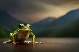 a frog sitting on a table in front of a mountain. AI-Generated photo