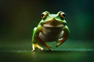 un rana es en pie en un verde antecedentes. generado por ai foto