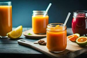 a variety of juices and smoothies on a wooden table. AI-Generated photo