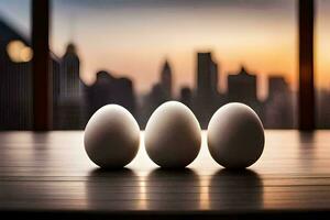 three eggs are sitting on a table in front of a cityscape. AI-Generated photo