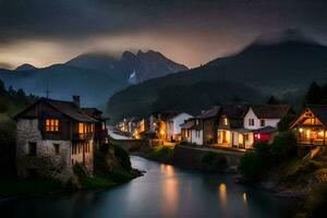 photo wallpaper the sky, mountains, river, houses, the dark, night, the mountains,. AI-Generated
