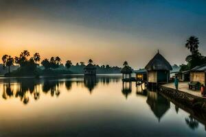 a lake with a small hut in the middle of it. AI-Generated photo