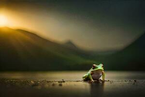 a frog sitting on the ground in front of a lake. AI-Generated photo