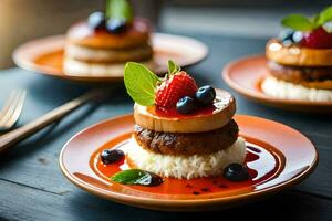 three small plates topped with fruit and rice. AI-Generated photo