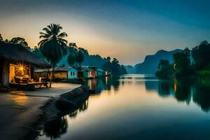 a river in the mountains with huts and palm trees. AI-Generated photo