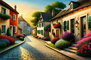 a painting of a street with flowers and houses. AI-Generated photo