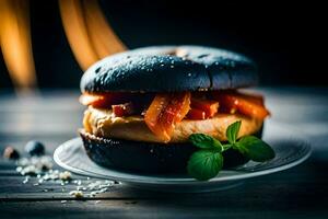 a burger with cheese and tomato on a white plate. AI-Generated photo