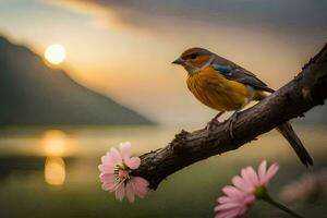 a bird sits on a branch with flowers in the background. AI-Generated photo