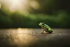 a frog sitting on the ground with the sun shining. AI-Generated photo