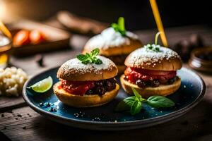 three mini sandwiches on a plate with spices. AI-Generated photo