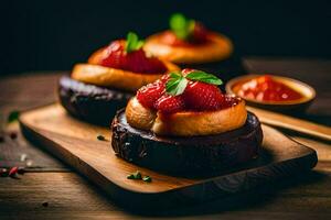 three small cakes with strawberries on top. AI-Generated photo