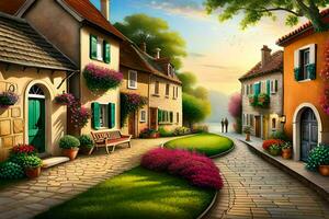 an artistic painting of a street in a village. AI-Generated photo