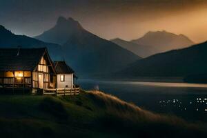 a house sits on the edge of a lake at dusk. AI-Generated photo