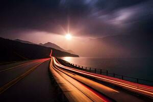 a long exposure photo of a road with a car driving on it. AI-Generated