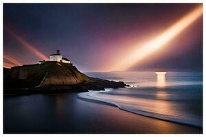 un faro en el costa con un brillante ligero brillante mediante el nubes generado por ai foto