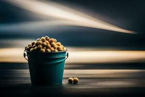 a bucket filled with peanuts on a table. AI-Generated photo