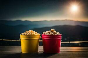 two buckets of peanuts on a wooden table. AI-Generated photo