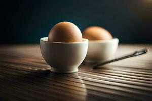 two eggs in a cup on a wooden table. AI-Generated photo