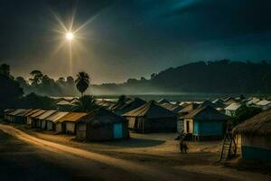 a village at night with huts and a bright sun. AI-Generated photo