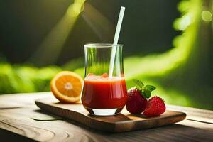 un vaso de jugo con fresas y naranjas en un de madera mesa. generado por ai foto