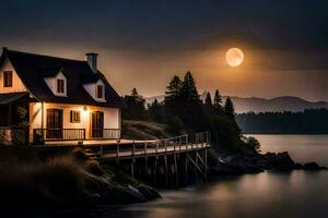 a house on the water with a full moon. AI-Generated photo