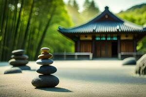 un Roca apilar es sentado en frente de un pagoda. generado por ai foto