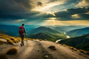 el hombre con el mochila es caminando en el la carretera en el montañas. generado por ai foto