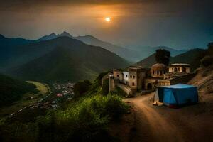 un pequeño pueblo en el montañas a puesta de sol. generado por ai foto